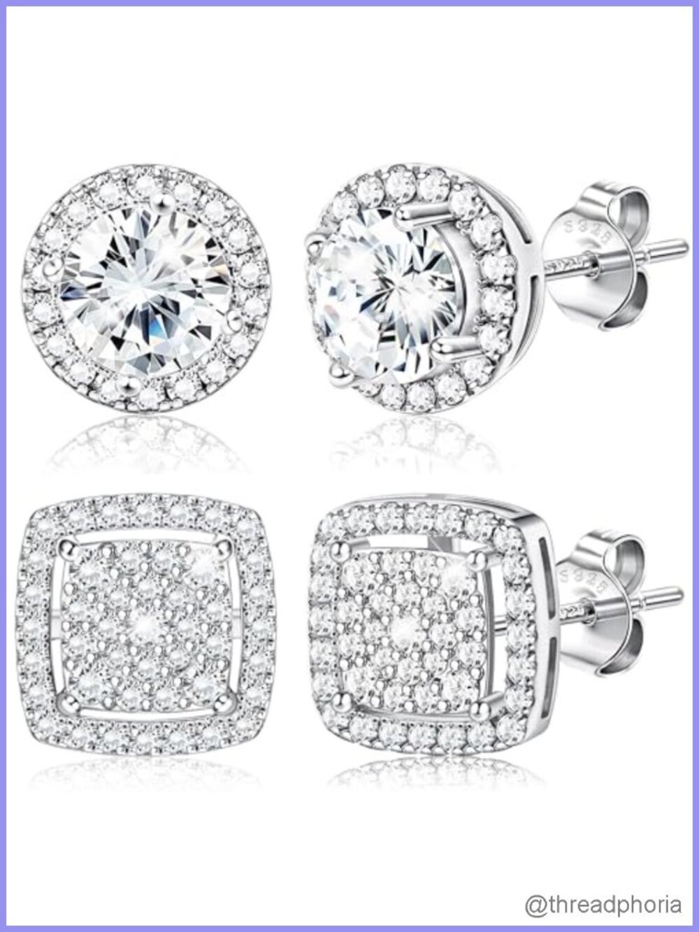 Cubic Zirconia Stud Earrings Set 925 Sterling Silver 18K Gold Plated Halo Studs